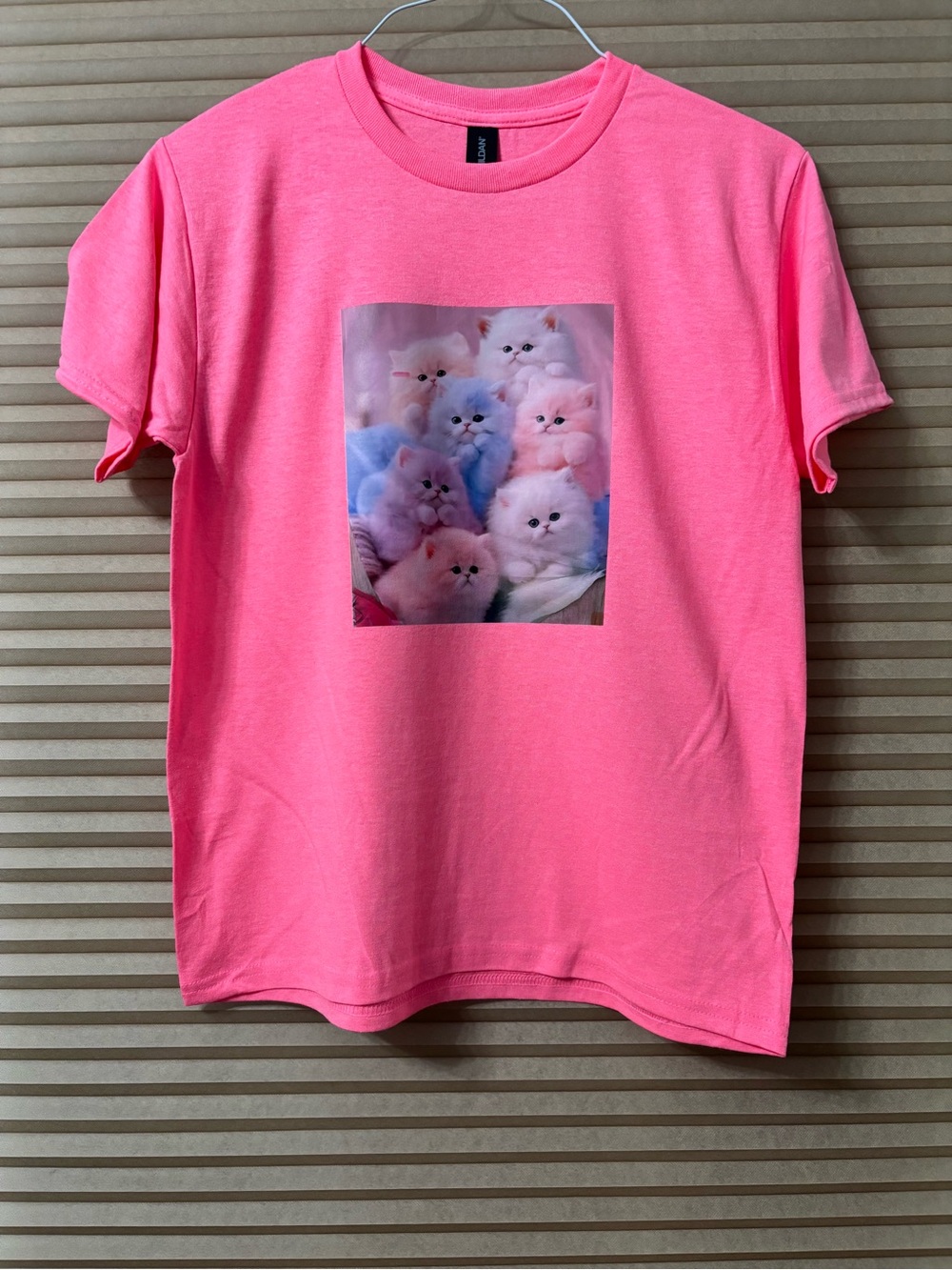 NEW Kids Large Neon Pink Graphic Tee with Cute Kitten Print